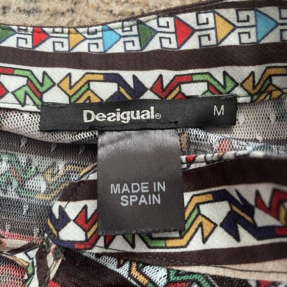 Desigual Sheer Chiffon Colorful Print Blouse Sz M Spain Boho Tribal Aztec Bishop - Picture 5 of 11